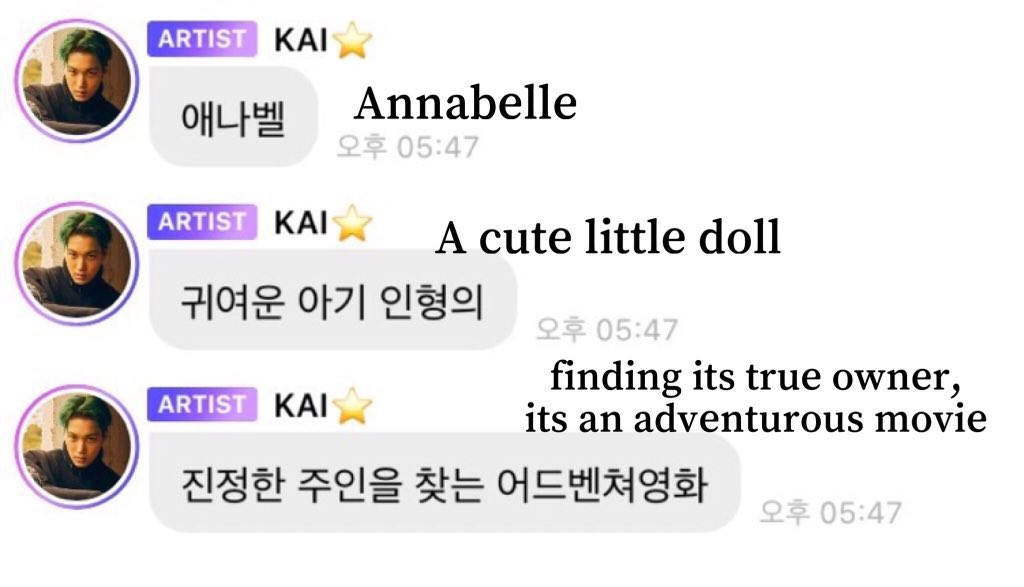 IT3OYKAI's tweet photo. D-603 

jongin’s movie recommendations ^^

the conjuring : "a very fun and healing movie, beautifully unraveling the past of a married couple."

annabelle : "an adventure movie abt finding the true owner of a cute baby doll." https://t.co/UcMeJdG99c