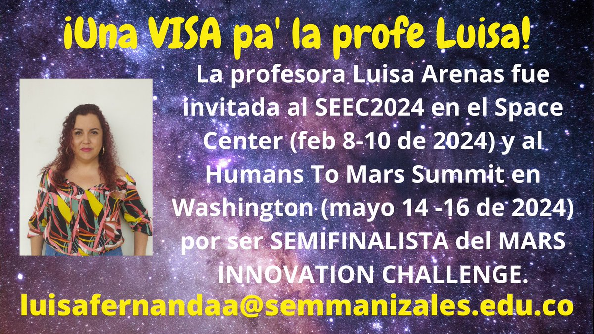 Twitter has tu magia: Soy semifinalista del MarsInnovationChallenge, de 221 equipos de colegios de 19 países del mundo. Me invitaron a exponer el proyecto en feb2024 en el SpaceCenter; ¡necesito que me adelanten la cita en la <a href="/USEmbassyBogota/">US Embassy Bogota</a> para este año! #UnaVISApaLaProfeLuisa