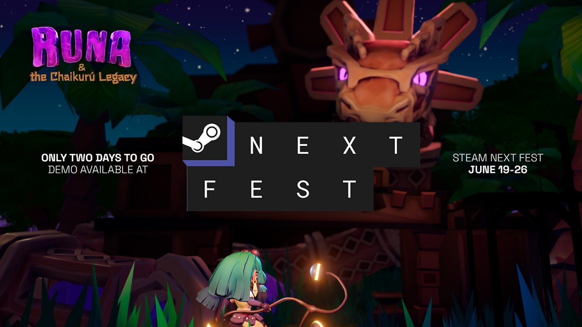 We're two days away from the #SteamNextFest!

From June 19th until the 26th you can enjoy our demo.

Buckle up and get ready to immerse yourself in this adventure alongside Runa! 🤯

#indiedev #gamedev #indiegame #madewithgodot #GodotEngine #RunaChaikuru #Godot #wishlist