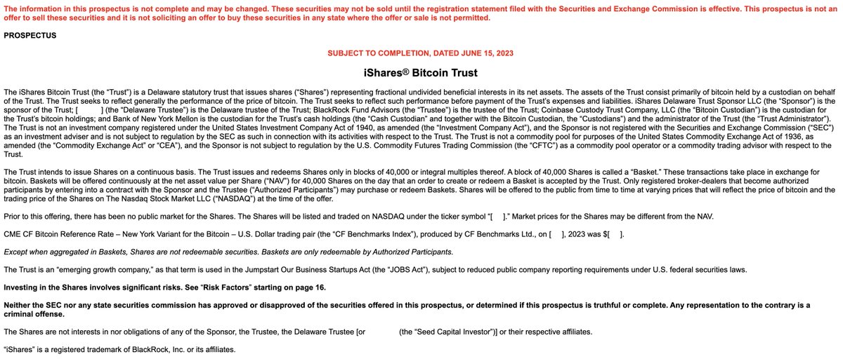 BlackRockがSECに提出したBitcoinETFの申請書
・「iShares® Bitcoin Trust」はデラウェア州の法定信託であり、Bitcoin価格パフォーマンス反映を図る
・Coinbase Custody Trust Company, LLCがBitcoinカストディアン
・Bank of New York Mellonが現金保有物のカストディアン
sec.gov/Archives/edgar…