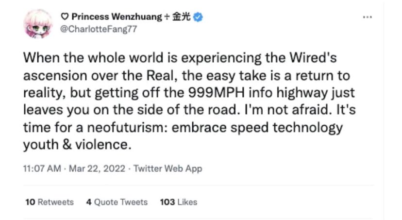 When the whole world is experiencing the Wired's ascension over the Real, the easy take is a return to reality, but getting off the 999MPH info highway just leaves you on the side of the road. I'm not afraid. It's time for a neofuturism: embrace speed technology youth & violence.