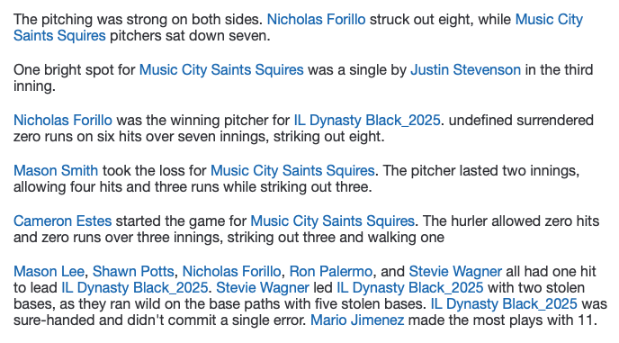#16uClassic IL Dynasty Black shutout Music City Saints, 3-0.  Dynasty's Nicholas Forillo W 7IP 6H 0R 0ER 8K 2BB #NiceOuting Forillo was 1-1 BB as well.  Stevie Wagner also 1-1 BB.