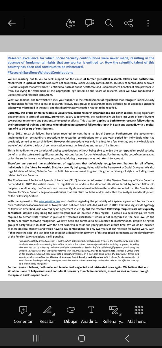 Fundamental rights of scientists in Spain who worked with "scholarships" before 2011 have been violated by successive governments, which have not acted to restore our contributions to social security, in comparative grievance with current scientists and the rest of the workers