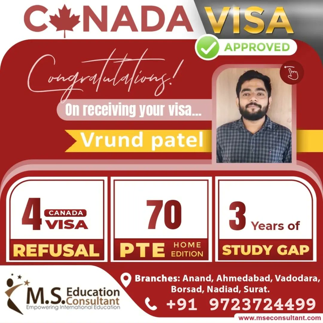 Congrats!!! Vrund for Canada 🇨🇦 Student Visa 💐

🔸#Canada #StudentVisa even after 4 refusals 
🔸#PTE Home Edition 70 Score
🔸3 Years of Study Gap
 
#MSEducationConsultant #StudyAbroad #IELTS #toefl #Immigration #StudyInCanada #StudyInUSA #bestvisaconsultant #bestieltscoaching