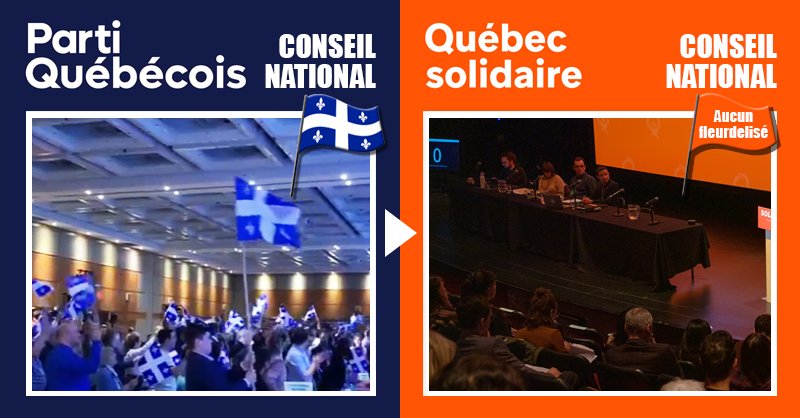 Conseil national #PartiQuébécois vs Conseil national #Québecsolidaire:
Le drapeau ''national'' du #Québec, le #fleurdelisé, absent du conseil ''national'' #QS.

#polQc #ConseilNational #paysQc #independance