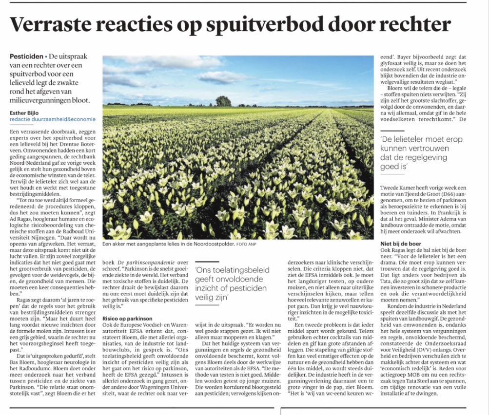 Bijgedragen aan interview in <a href="/trouw/">Trouw</a> over het recente besluit van de rechter om het gebruik van #pesticiden in de lelieteelt te verbieden-voorzorgsbeginsel om omwonenden te beschermen tegen mogelijke toxische effecten, waaronder #Parkinson.