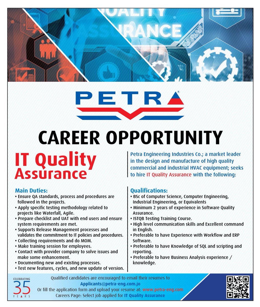 Career Opportunity
Petra Engineering Industries Co.; a market leader in the design and manufacture of high quality commercial and industrial HVAC equipment; seeks to hire IT Quality Assurance with the following:
petra-eng.com
#PetraEngineeringIndustriesCo #petra