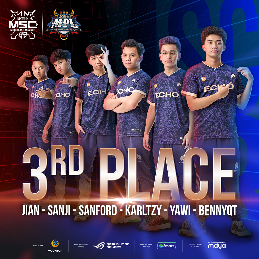 Will always be loud and proud! 🇵🇭

Our #MPLPH champion, ECHO caps off their #MSC2023 journey with a third place finish.

Maraming salamat Orcas for representing our country. It was a great run.

#SEATheWorld #PinasLangMalakas #MPLPhilippines