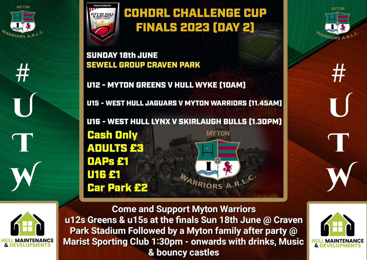 *Reminder Tomorrow* 

Sun 18th June

2023 @COHDRL_Official Challenge Cup Finals @hullkrofficial 

U12’s @rowefreight Cup v @HullWykeRL 10:00am

U15’s Hull Maintenance Cup v @WestHullARLFC 11:45am

Let’s all get there & support both @MytonWarriors teams👏

#UpTheWarriors🏆🏉❤️💚