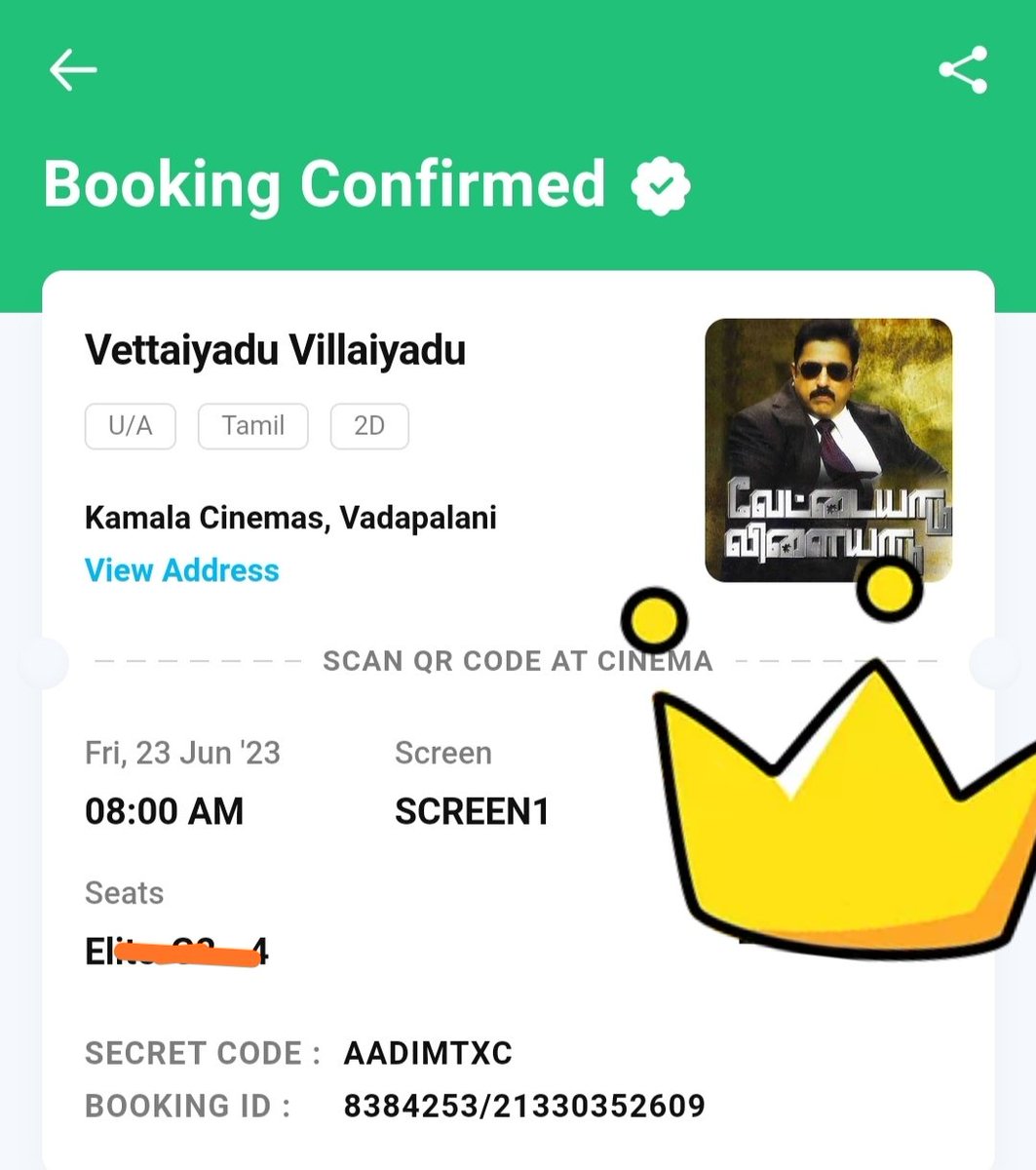 Kamaladdict7's tweet photo. Booked 14 FDFS Tickets of #VettaiyaaduVilaiyaadu at @kamala_cinemas💥💥💥
"சின்னப் பசங்களா யார்கிட்ட மொமெண்ட்"
#DCPRaghavanIsBack
#KamalHaasan https://t.co/Zkmkd5rHn6