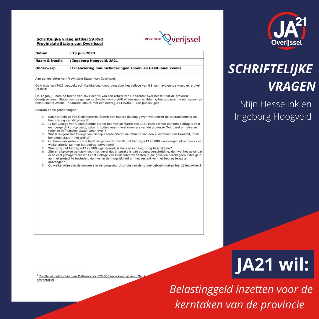 JA21_Overijssel's tweet image. De provincie is van plan om €125.000 subsidie te geven aan de gemeente Zwolle voor een muurschildering op een spoor- en fietstunnel. Een erg hoog bedrag, vindt #JA21, vooral nu veel inwoners het financieel lastig hebben. Daarom stellen wij schriftelijke vragen. #psov #overijssel