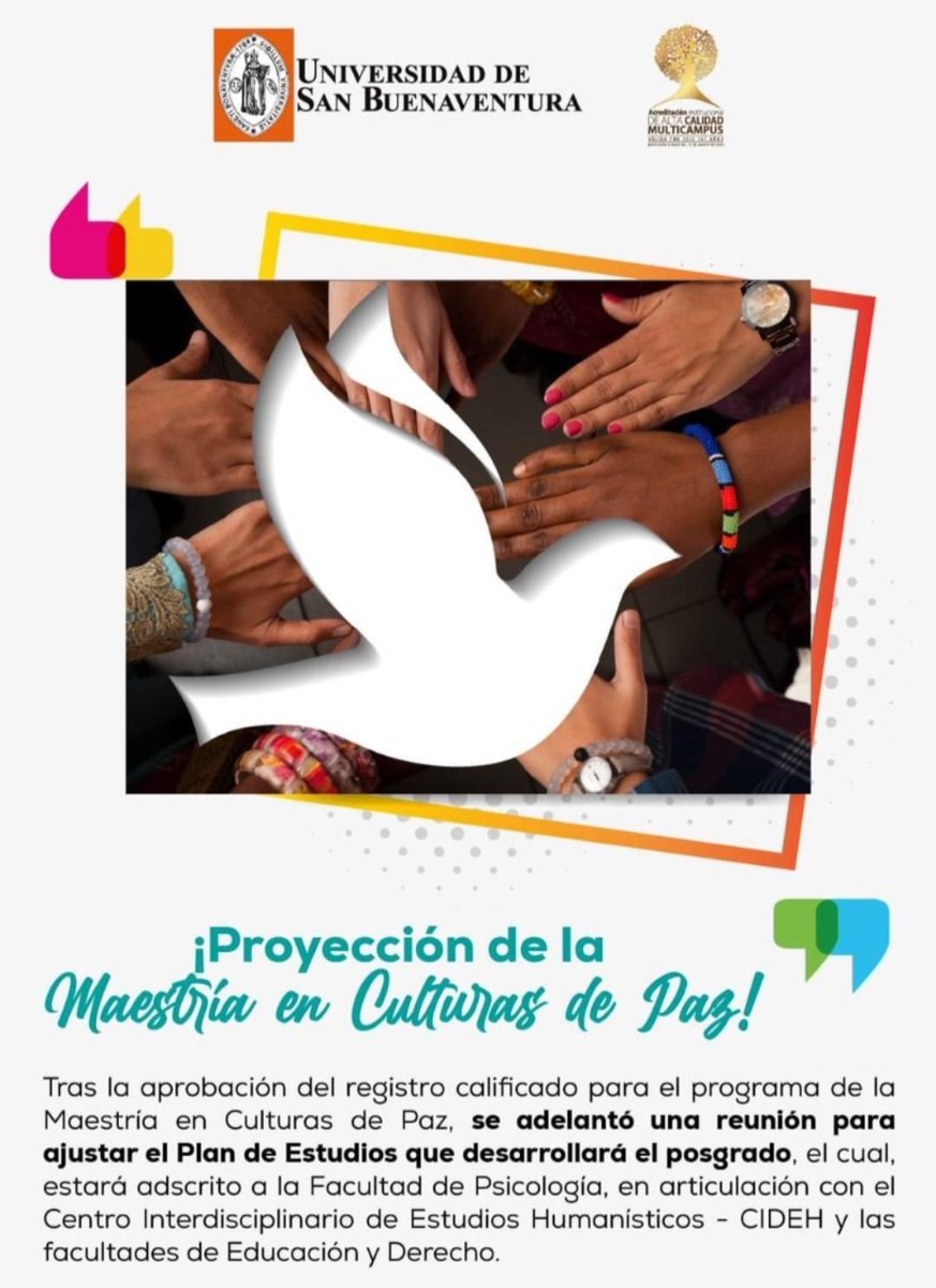 derechousb's tweet photo. Celebramos la aprobación del registro de la Maestría en Culturas de Paz, programa que estará adscrito a la Facultad de Psicología, en articulación con el Centro Interdisciplinario de Estudios Humanísticos - CIDEH y las Facultades de Educación y Derecho y Ciencias Políticas. https://t.co/b9dOPBDZSM