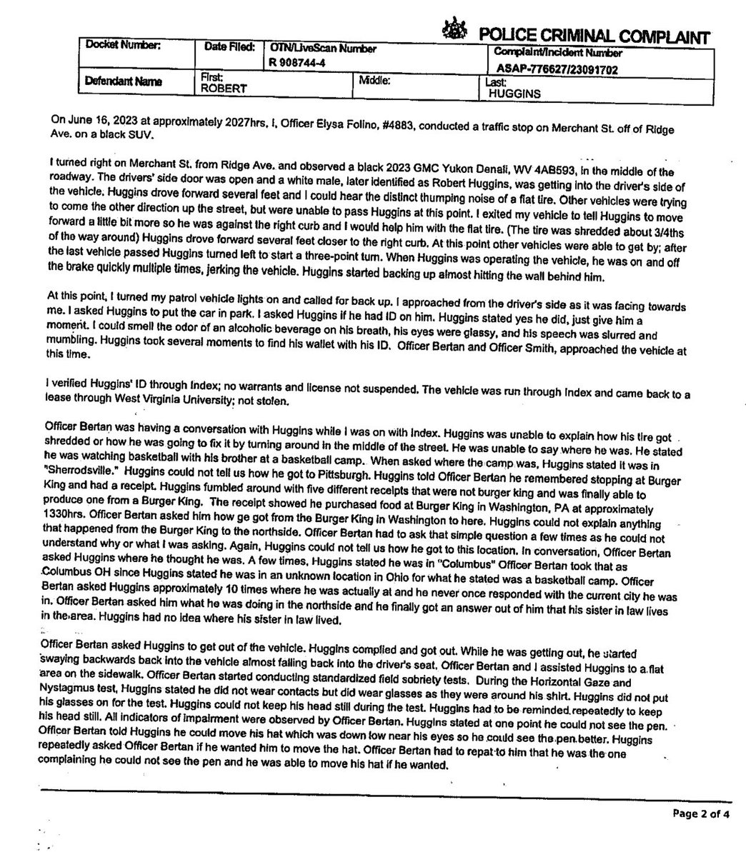 LeslieRubinWCHS's tweet image. Here is the 2 page narrative from police
of Huggins’ arrest.