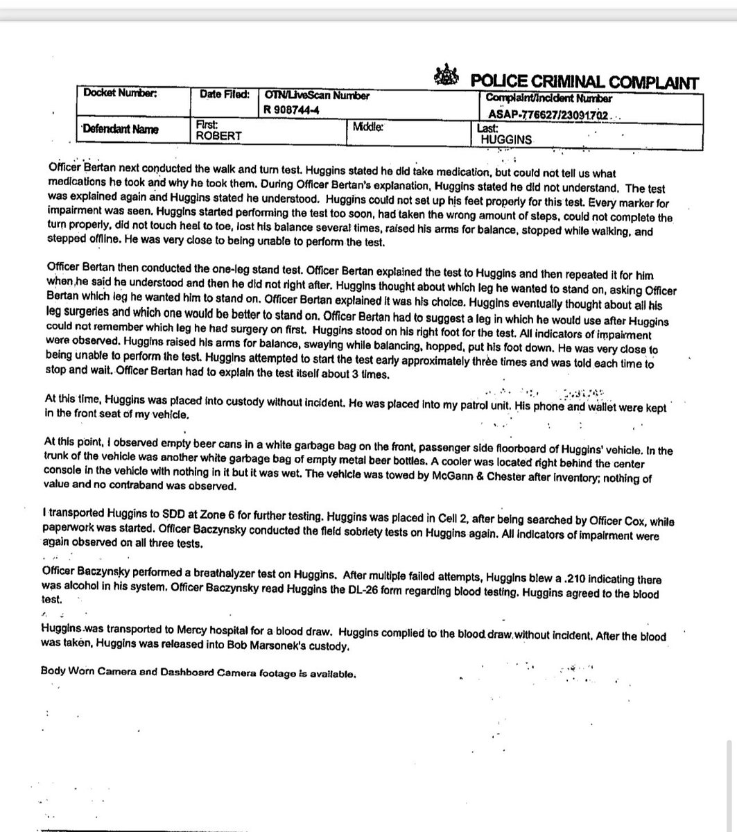 LeslieRubinWCHS's tweet image. Here is the 2 page narrative from police
of Huggins’ arrest.