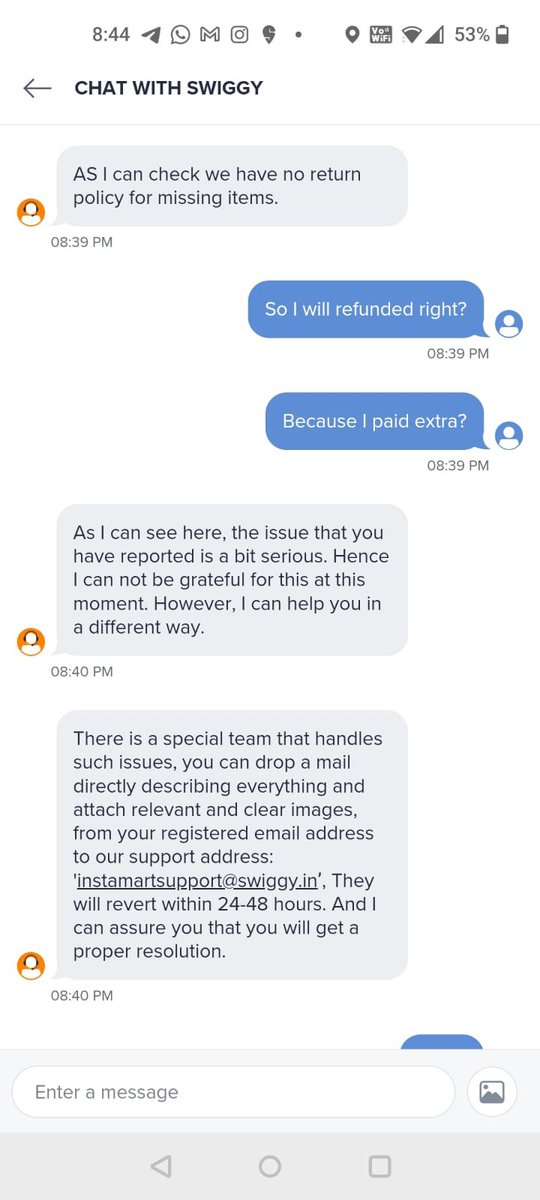 MangoIOS's tweet photo. Okay, so I ordered from Instamart and 2, 1kg ice packs were missing. I wrote to 2 of the support staff but none of them were helpful.
@Swiggy @SwiggyCares https://t.co/CGSOHbjVXo