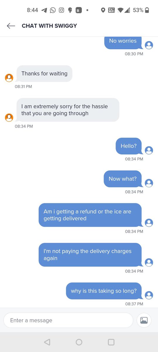 MangoIOS's tweet photo. Okay, so I ordered from Instamart and 2, 1kg ice packs were missing. I wrote to 2 of the support staff but none of them were helpful.
@Swiggy @SwiggyCares https://t.co/CGSOHbjVXo