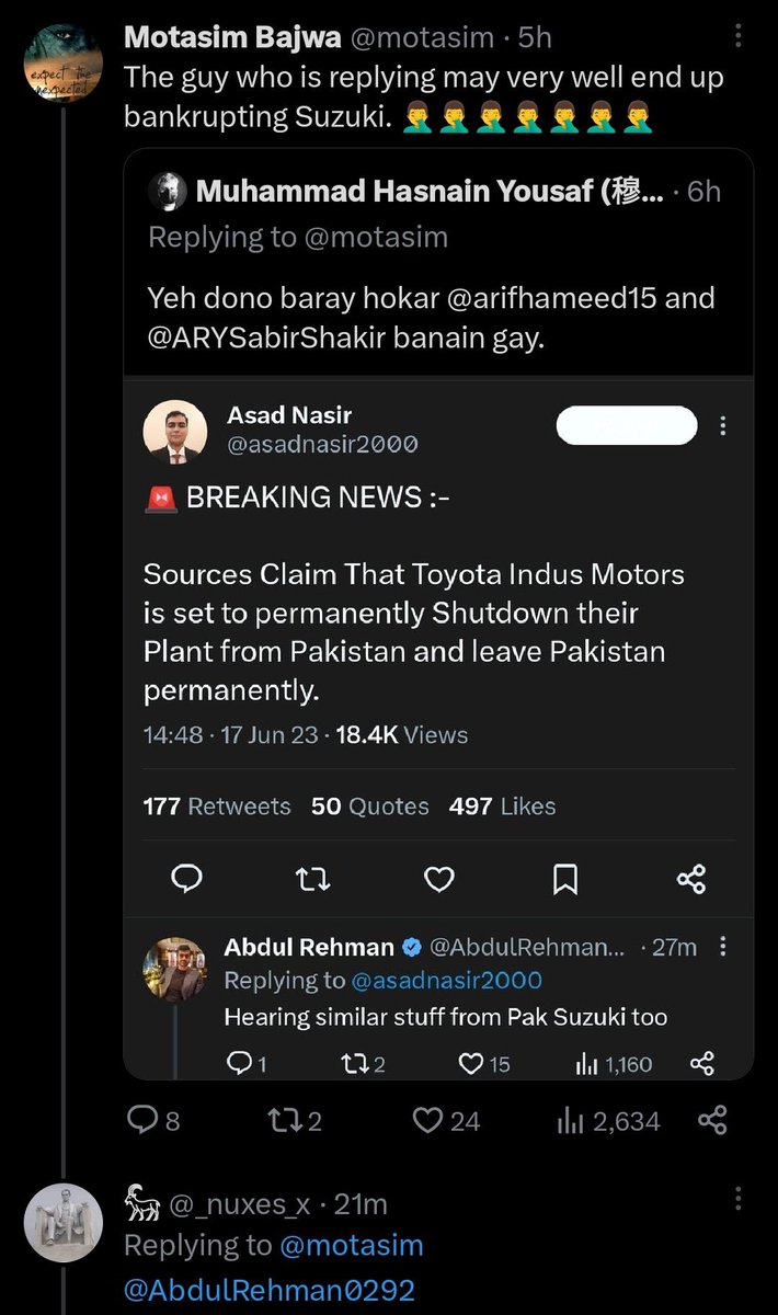 For both aflatoons, please adopt the habit of reading newspapers 😊

I do not think Toyota is quitting, it is the least likely of all OEMs to leave Pakistan.

Suzuki is under serious threat though, management says 'our survival is at stake'

brecorder.com/news/40248318/…