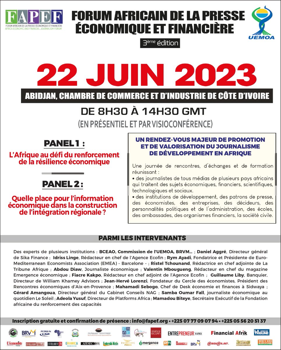 FAPEF1's tweet image. UN ÉVÉNEMENT DE PROMOTION ET DE VALORISATION
DU JOURNALISME DE DÉV ELOPPEMENT EN AFRIQUE                                  

#journalistes
#entreprises
#financement
#technologies
#PanoramicPixels
#ecolesdejournalisme
#commissiondeluemoa
#organisationsdepresse
#russellohore