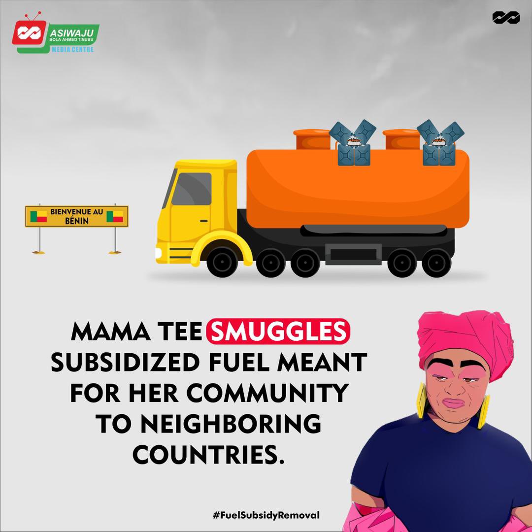 Yemi__Ajayi's tweet photo. Today it’s about Mama Tee’s corrupt practices, how she smuggles subsidized fuel meant for her community to neighboring countries just for gains. We have someone like mama tee all over the country which is why it was necessary to #KickSubsidyOut and #SaveTheEconomy https://t.co/gUSbvoYhDc