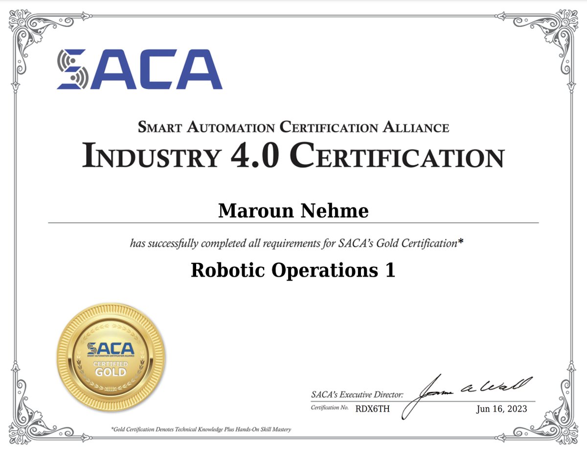 Bphs_ARM's tweet image. I am beyond excited to have earned these @SACAcerts. My students can now earn up to 7 SACA Gold #Industry40 certifications & the @NOCTI1 @FANUCAmerica Certified Robot Operator with #ROBOGUIDE Certificate! @BuenaParkHS is quickly becoming the #automation training hub of SoCal!