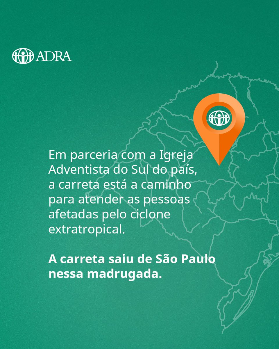 ADRABrasil's tweet photo. ➡Em parceria com a Igreja Adventista do sul do país, a carreta está a caminho para atender as pessoas afetadas pelo ciclone extratropical. 🚛A carreta saiu de São Paulo nessa madrugada.

🗞Em breve teremos mais novidades.

#SOSSUL 
#ADRABrasil https://t.co/zyK857ODfo
