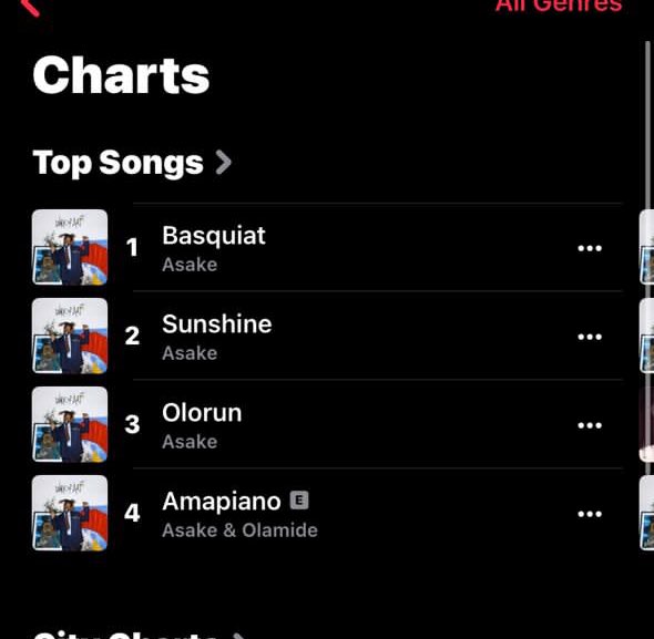 Asake's “Basquiat” is now number 1 on Apple Music NG🇳🇬

My jam 🔥