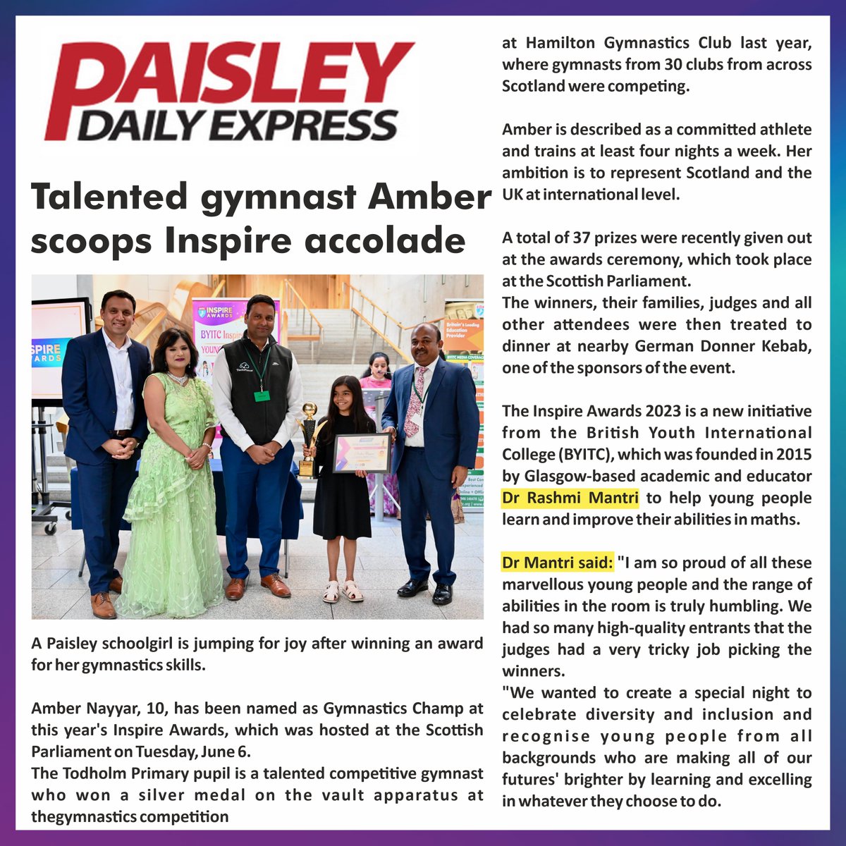 Byitc_Supermath's tweet photo. Amber's Triumph: Gymnastics Champ!
Paisley Daily Express featured Amber's incredible journey as she becomes the #GymnasticsChamp at this year's BYITC Inspire Awards.
This inspiring story is also covered by Paisley Gazette.
https://t.co/XMRyyARToq
#BYITC
#PaisleyExpress https://t.co/RLkbEWJQHq
