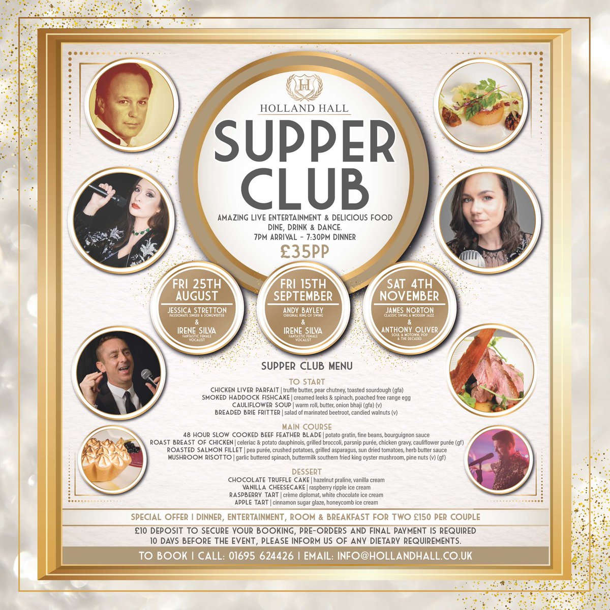 Supper Club at Holland Hall! Amazing Live Entertainment & Delicious Food. Dine, Drink & Dance - £35pp. 🌟🪩🎶🥂💃🏻 

📖 To Book | Call: 01695 624426 | Email: info@hollandhall.co.uk

#supperclub #livemusic #perfectplacetostay #greatfood
#entertainment #hollandhall #hiddengem