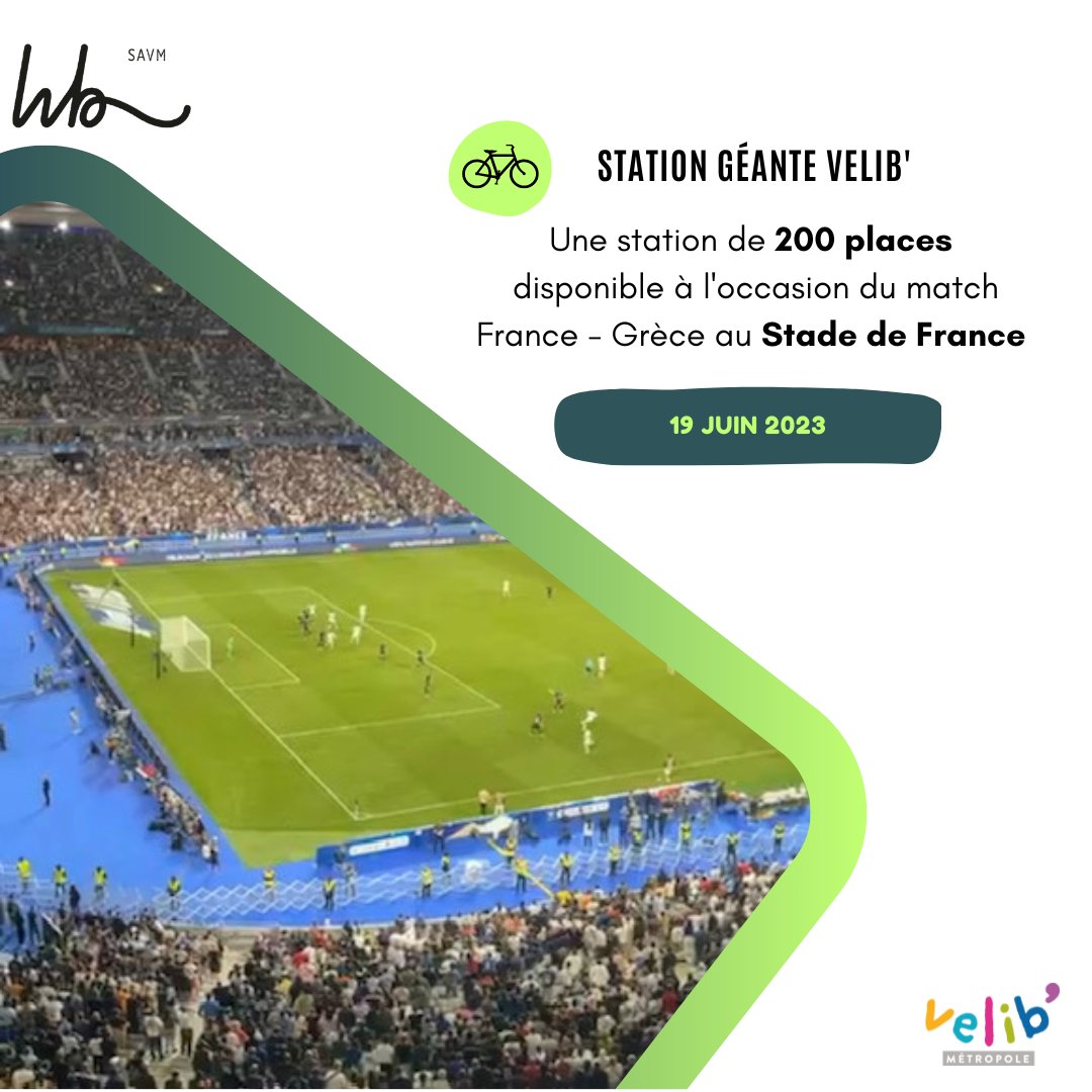 ⚽️ Une station éphémère Velib' Métropole sera déployée au Stade de France lundi 19 juin de 18h30 à 00h30. Vivez une expérience sportive mémorable en adoptant la mobilité partagée avec Vélib' !⚡️🎉 #StadeDeFrance #Vélib #MobilitéDurable