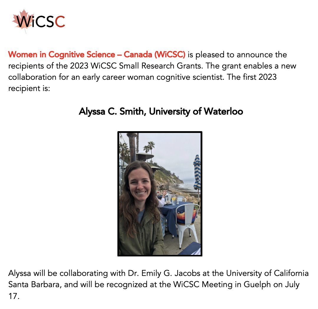 WiCSC (@wicscanada) on Twitter photo Here come our 2023 <a href="/WiCSCanada/">WiCSC</a> Award Winners! Today we're celebrating our first Small Research Grant recipient Alyssa Smith <a href="/UwaterlooPsych/">UWaterloo Psychology</a> for her collaboration with <a href="/emilyjacobs/">Emily G. Jacobs 🦋 @emilyjacobs.bsky.social</a> <a href="/UCSBpsych/">UCSB Psychological and Brain Sciences</a>
<a href="/OfficialCSBBCS/">CSBBCS/SCSCCC</a> #CSBBCS23 Here come our 2023 <a href="/WiCSCanada/">WiCSC</a> Award Winners! Today we're celebrating our first Small Research Grant recipient Alyssa Smith <a href="/UwaterlooPsych/">UWaterloo Psychology</a> for her collaboration with <a href="/emilyjacobs/">Emily G. Jacobs 🦋 @emilyjacobs.bsky.social</a> <a href="/UCSBpsych/">UCSB Psychological and Brain Sciences</a>
<a href="/OfficialCSBBCS/">CSBBCS/SCSCCC</a> #CSBBCS23
