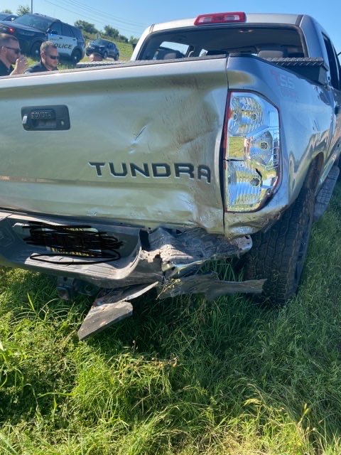 SuzieQuackers2's tweet image. Our Tundra was hit by a 50+mph distracted Driver yesterday evening! Pushed into the Median and spun around 180 Deg! I drive Semi for a living and see this #BullCrap every day! Everyone is ok totally avoidable! There are no accidents only mistakes! #HangUpAndDrive #BlessedAgain