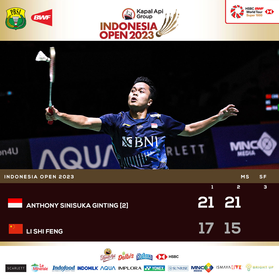 Menang atas Li Shi Feng, Ginting melesat ke final! Good job! 🔥🔥🔥

#KAGIO2023 #IndonesiaOpen2023