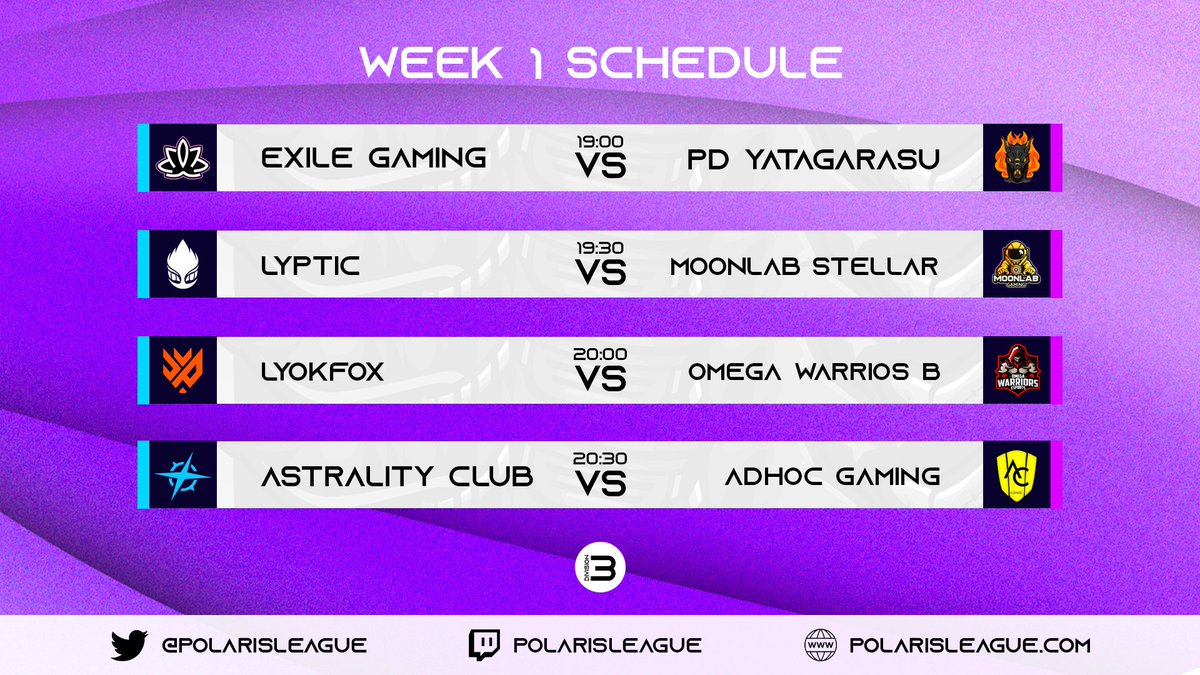 🔴JORNADA 1🔴
👇Aquí los partidos de Division 3

<a href="/ExileGG_/">Exile Gaming</a> vs @PortalEsportsRL 
<a href="/Lyptic_Blood/">Blood Team</a> vs <a href="/MoonLabGaming/">MoonLab Gaming</a> Stellar
<a href="/LyokFox/">LyokFox</a> vs <a href="/_OMEGAWARRIORS_/">Omega Warriors</a> A
<a href="/AstralityClub/">Astrality Club</a> vs #AdhocGaming

No casteado