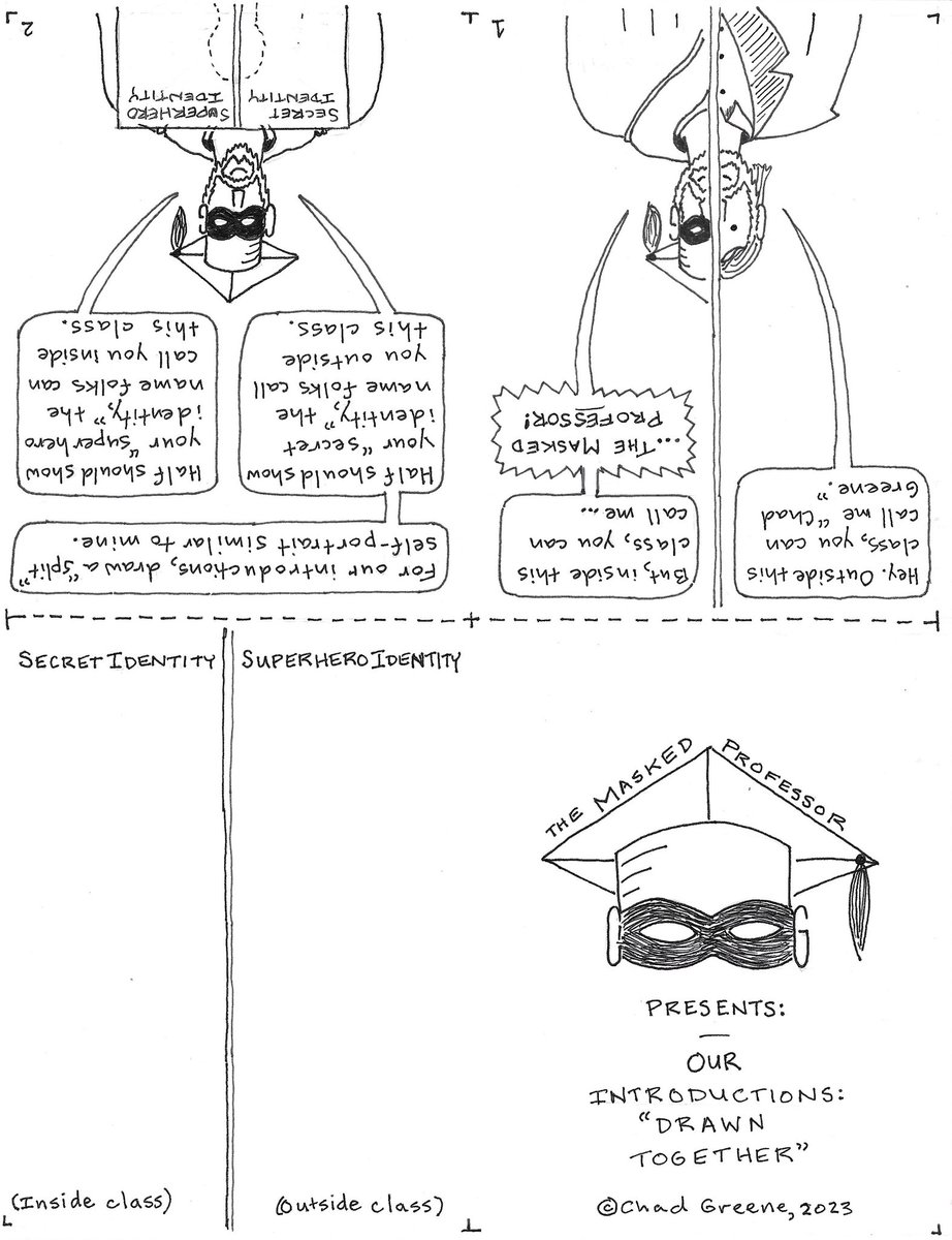 TheShortCourse's tweet image. Wednesday’s new comic, on Saturday: “The Masked Professor Presents: Drawn Together.” This is a foldable first-day-of-class activity, in which students create a “superhero identity” for the semester. #comics #superhero