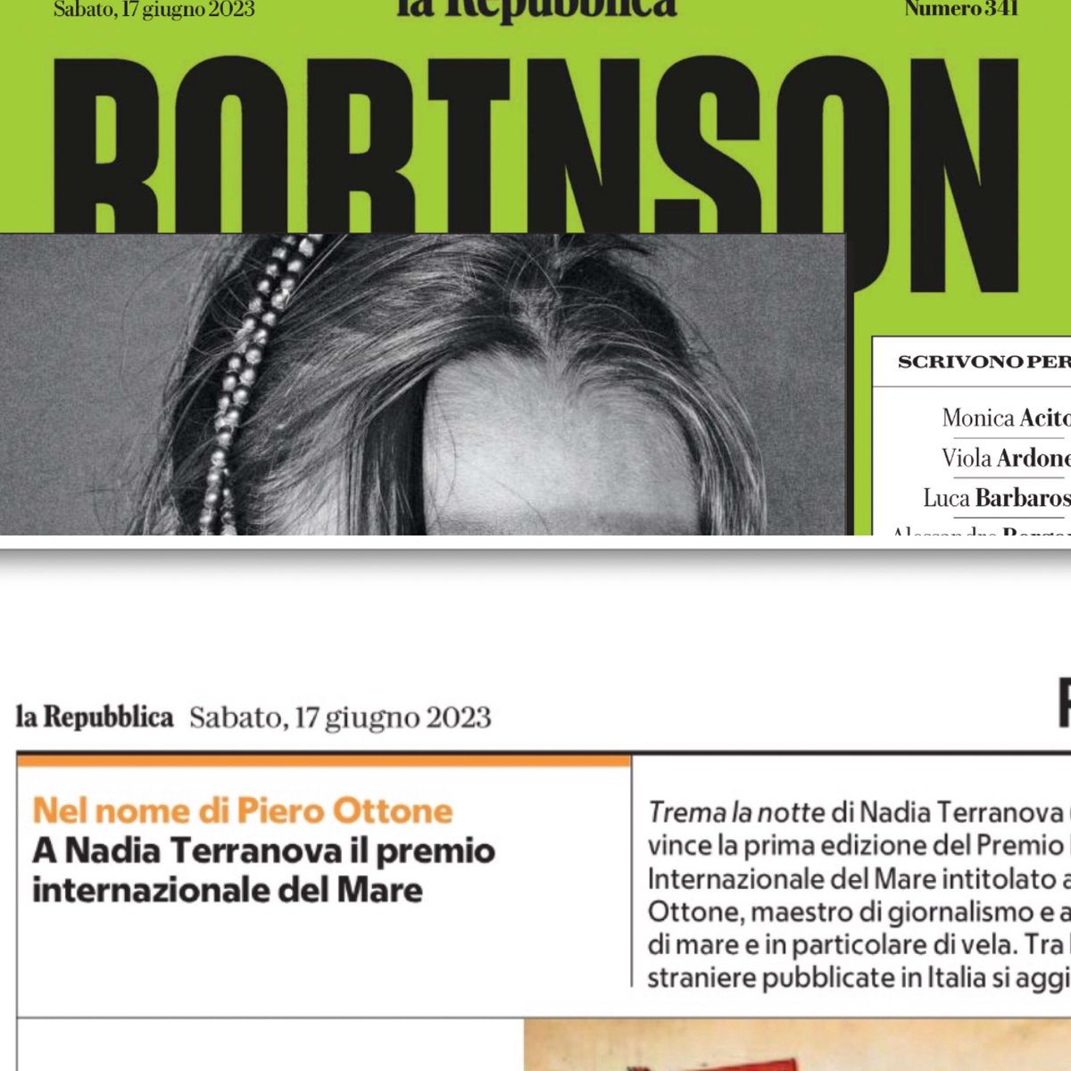 Oggi su @robinson_repubblica gli interventi di <a href="/nadiaterranova/">Nadia Terranova</a> e <a href="/monicaacito/">Monica Acito</a> , brave autrici dei romanzi premiati al @premio_letterario_del_mare Piero Ottone 👍