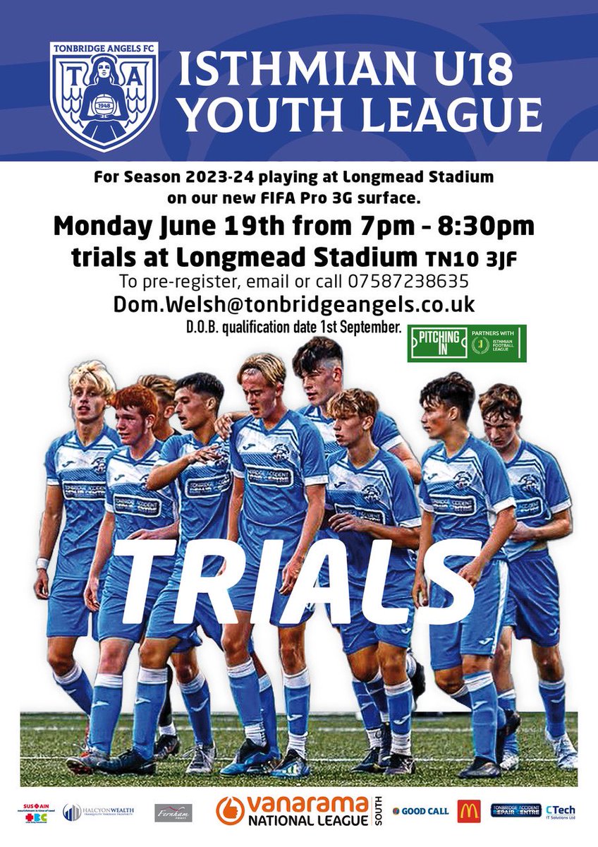 LAST CHANCE TO TRIAL FOR NEXT SEASON’S U18 ISTHMIAN SQUAD! @tonbridgeangels @IsthmianLeague @KentYouthLeague