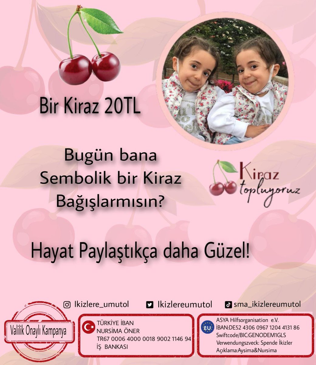 BİR UMUT IŞIĞI (@aselinbahariol) on Twitter photo Hayat paylaştıkça daha güzel.
Benim gibi sma hastası ikiz kardeşlerimin sayfasını da takip edebilir misiniz 🙏
RT ederseniz gönüllülere ulaşmamız mümkün oluyor 🙏
<a href="/hayatacansuyu/">HAYATA CAN SUYU</a>
<a href="/ikizlereumutol/">🍒 SMA Aysima & Nursima Öner</a> Hayat paylaştıkça daha güzel.
Benim gibi sma hastası ikiz kardeşlerimin sayfasını da takip edebilir misiniz 🙏
RT ederseniz gönüllülere ulaşmamız mümkün oluyor 🙏
<a href="/hayatacansuyu/">HAYATA CAN SUYU</a>
<a href="/ikizlereumutol/">🍒 SMA Aysima & Nursima Öner</a>