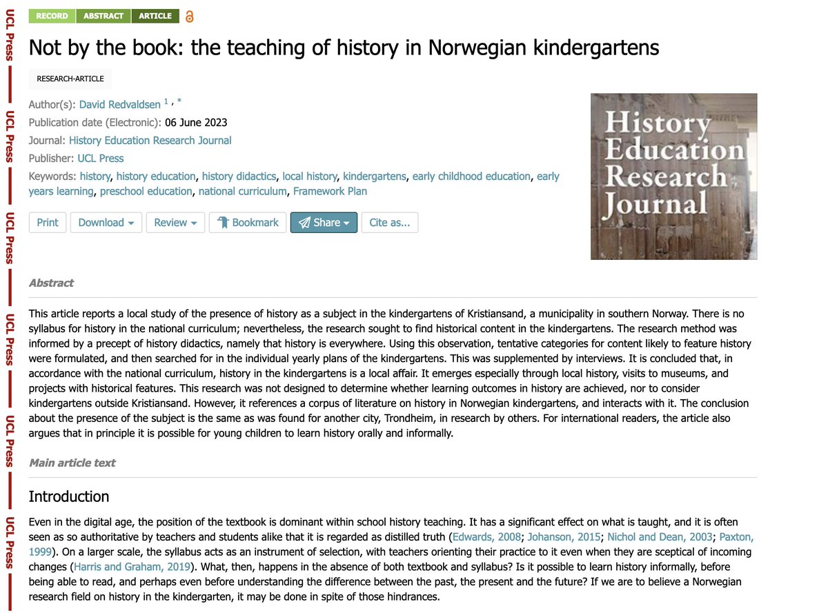 A new publication from <a href="/HERJ_Journal/">History Education Research Journal</a>, <a href="/UCLpress/">UCL Press</a> &amp; <a href="/Science_Open/">ScienceOpen</a> - David Redvaldsen's study of the presence of history as a subject in Norwegian kindergartens. Open access at this link: uclpress.scienceopen.com/hosted-documen…