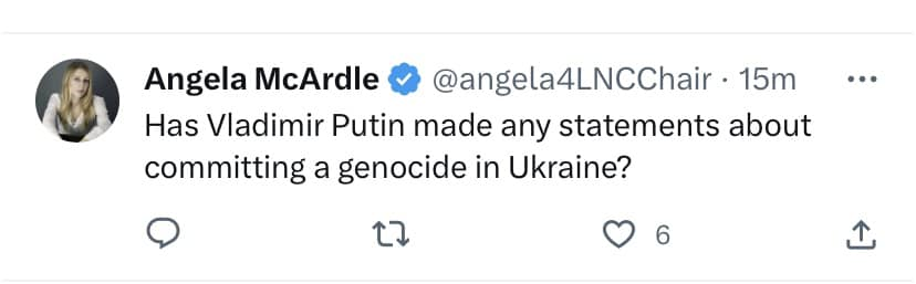 ktatgenhorst's tweet photo. This is pretty fun. The Chairperson of an organization built on mistrust of government, apparently refuses to believe that Putin has committed any crimes unless she hears it from Putin. https://t.co/ad89LWzjyv