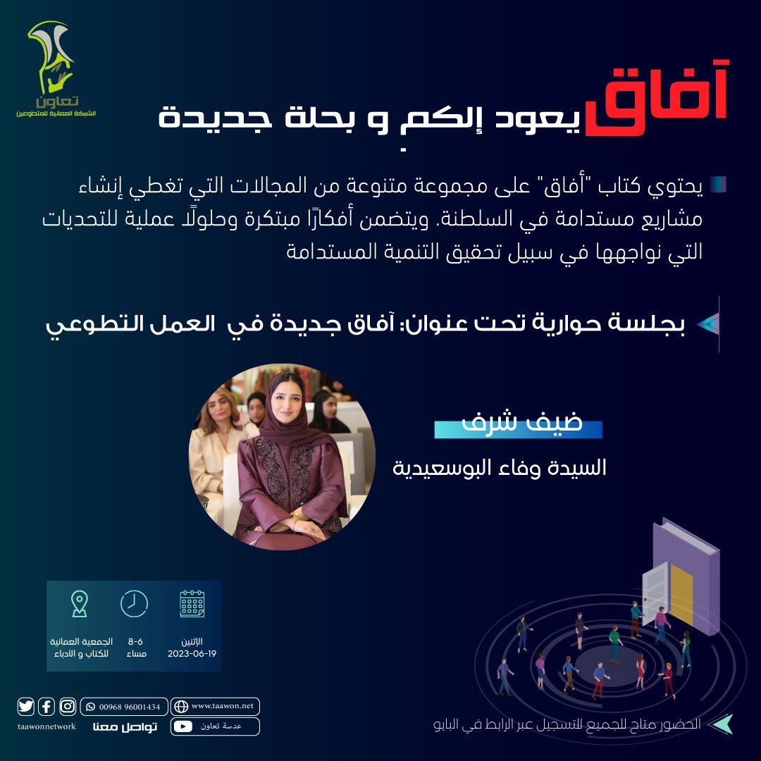 TaawonNetwork's tweet photo. ندعوكم لمشاركتنا في الجلسة الحوارية حيث سنناقش مضامين الكتاب ونتبادل الآراء والخبرات حول المجالات المختلفة التي يتناولها الكتاب ونستمع لتطلعاتكم مع شخصيات رائدة في العمل التطوعي.

للتسجيل عبر الرابط 🔗.

https://t.co/ijvK7xQSFE…

#كتاب_آفاق
#أكاديمية_تعاون_٢٠٢٣ https://t.co/eiu1Z13QjL