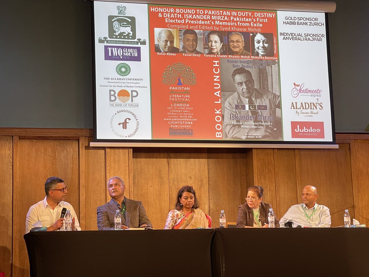 DanishKhan80's tweet photo. Fanstastic discussion on Iskander Mirza with a very wise panel. Just to give some context (and to keep it short), supporters of Mirza and Ayub Khan blame each other for the ascendancy of Army in Pakistan. 

@faisaldevji @MukulikaB #FarzanaShaikh #KhawarMehdi #AzharAbbas
#PLFL2023 https://t.co/dGNilYjswY