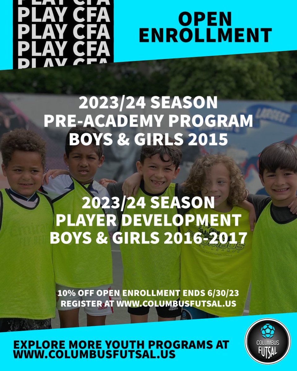 👣 Take your first steps with CFA and learn to 𝙋𝙡𝙖𝙮 𝙃𝙤𝙬 𝙩𝙝𝙚 𝙒𝙤𝙧𝙡𝙙 𝙋𝙡𝙖𝙮𝙨! 

Now is the the time to get set for the 2023/24 futsal season. Early enrollment is available for birth years 2015-2017. 

🏷️ Save 10% through 6/30/23. 

📲 Visit columbusfutsal.us/play-cfa