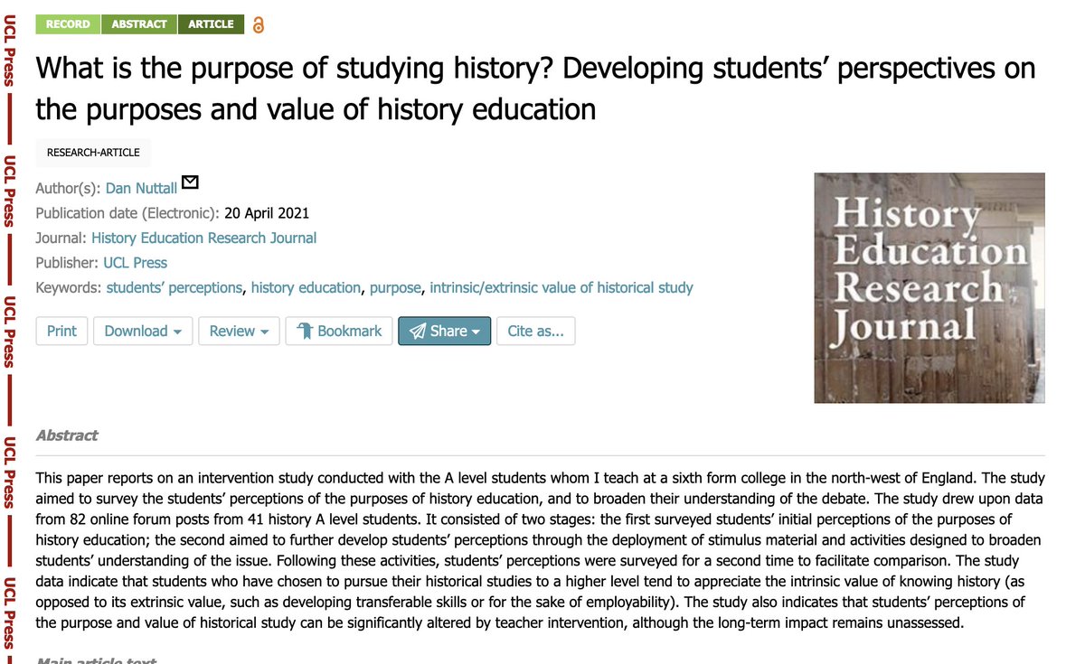 Our most viewed @HERJ_Journal paper - @Dan_Nuttall_81's April 2021 article exploring 16-19 year-old-students perceptions of the purposes of teaching history and an intervention to enhance their thinking. 7,811 views to date. @UCLpress @Science_Open uclpress.scienceopen.com/hosted-documen…
