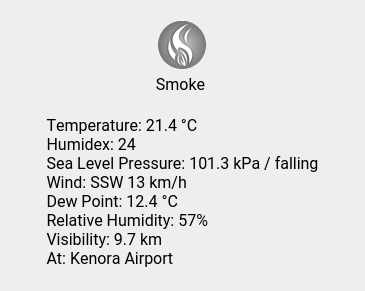 wc_kenora's tweet photo. Sat 11:00: Smoke; Temp 21.4 C; Humidex 24; Wind SSW 13 km/h; Humidity 57%; Press 101.3 kPa / falling. https://t.co/vksVUbwhzR