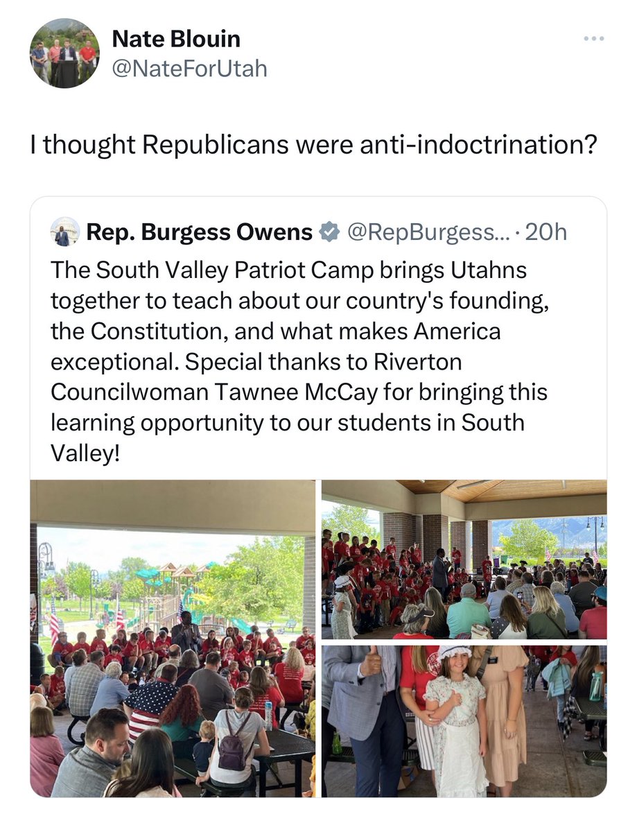 So now celebrating the founding our country, and learning about the constitution is indoctrination? You see how liberals hate our country and it’s founding. This is such a radical take isn’t healthy for our state. #utpol #america #Patriots #patriotism