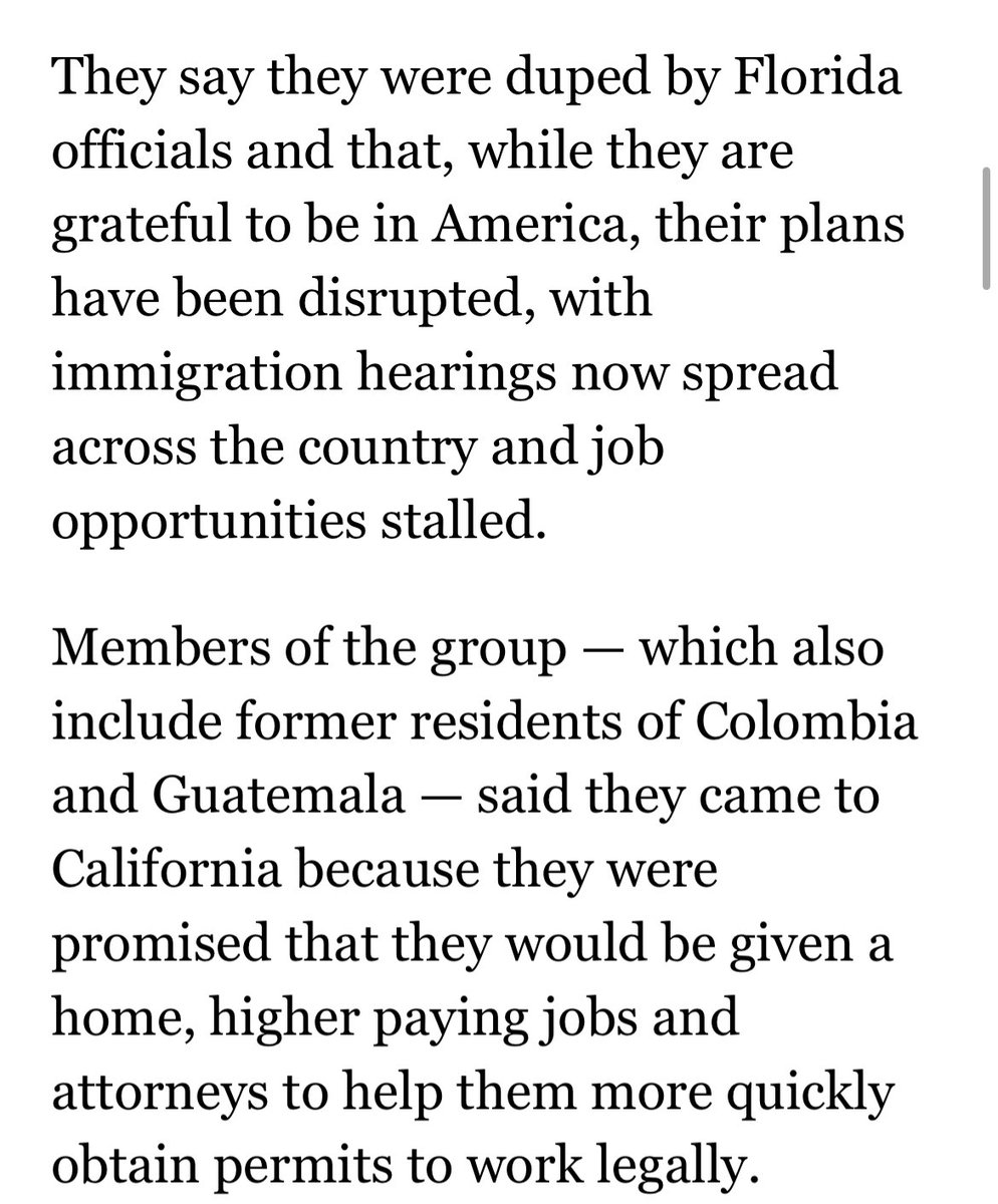 Migrants on the two flights the DeSantis administration sent to Sacramento are speaking out, saying they feel misled, and even lied to. 

Great reporting by <a href="/MackenzieMays/">Mackenzie Mays</a>. latimes.com/california/sto…