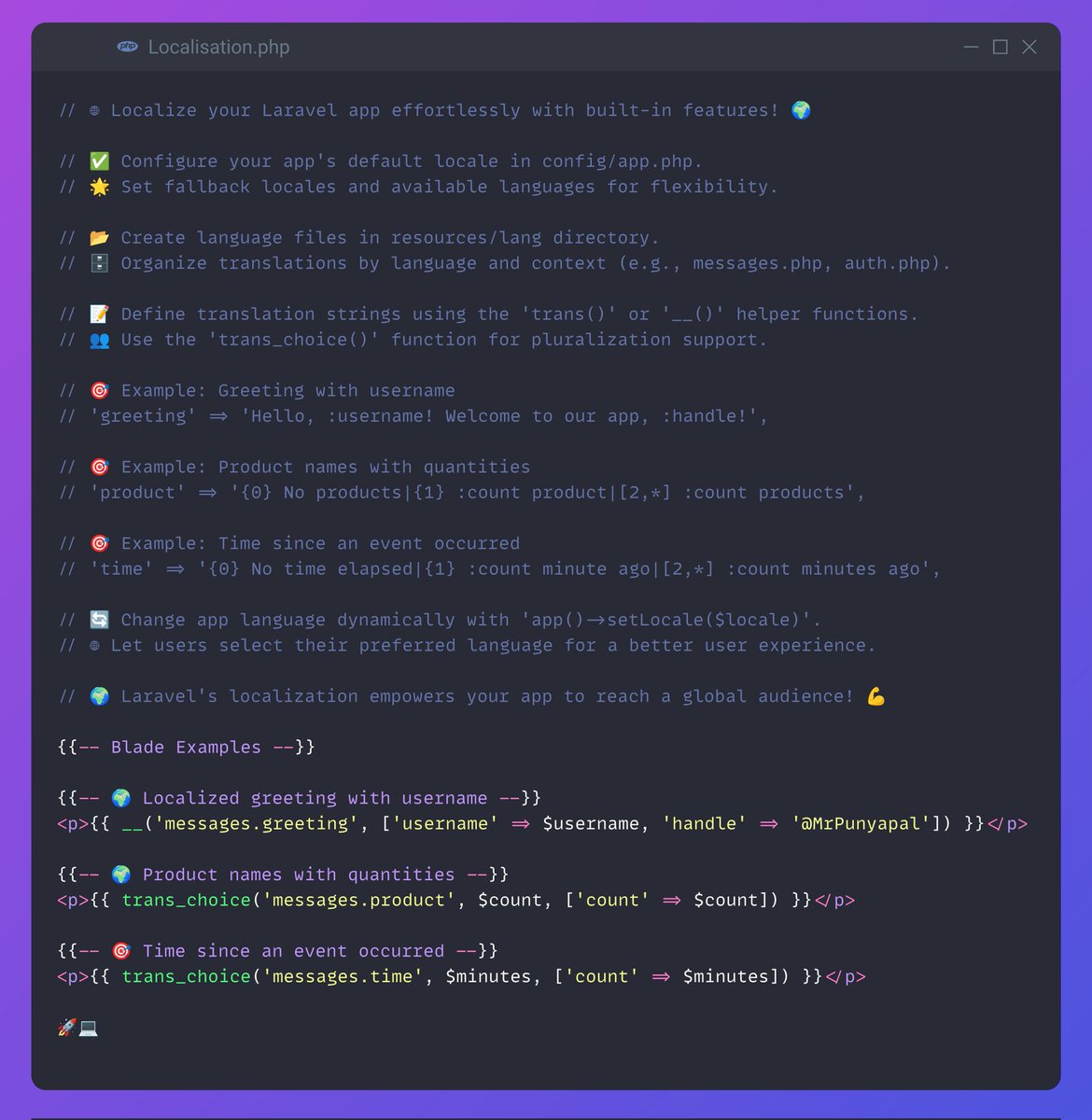 💡✨ Pro Tip: Laravel Localization Made Easy! 

🌍🚀 Unleash the power of internationalization in your app effortlessly 🌐💻. 

Translate strings, handle plurals, and captivate global audiences with ease. 

#Laravel #Localization #php 🚀🚀