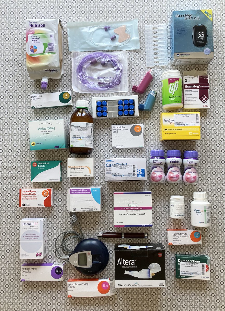 CF Week '23 is about raising awareness & understanding of everyday life with Cystic Fibrosis. To that end I am sharing a photo of the prescribed treatments that I take each day. The @cftrust supports people like me with CF to live a #lifeunlimited by the demands of this condition