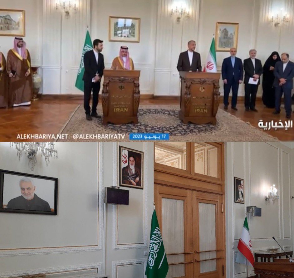 The Saudi Foreign Minister forced his Iranian counterpart to change the room where they will carry their press conference in Iran, because of the picture of Qassem Soleimani.

The room with Soleimani's picture is the main conference room in the Iranian MFA.