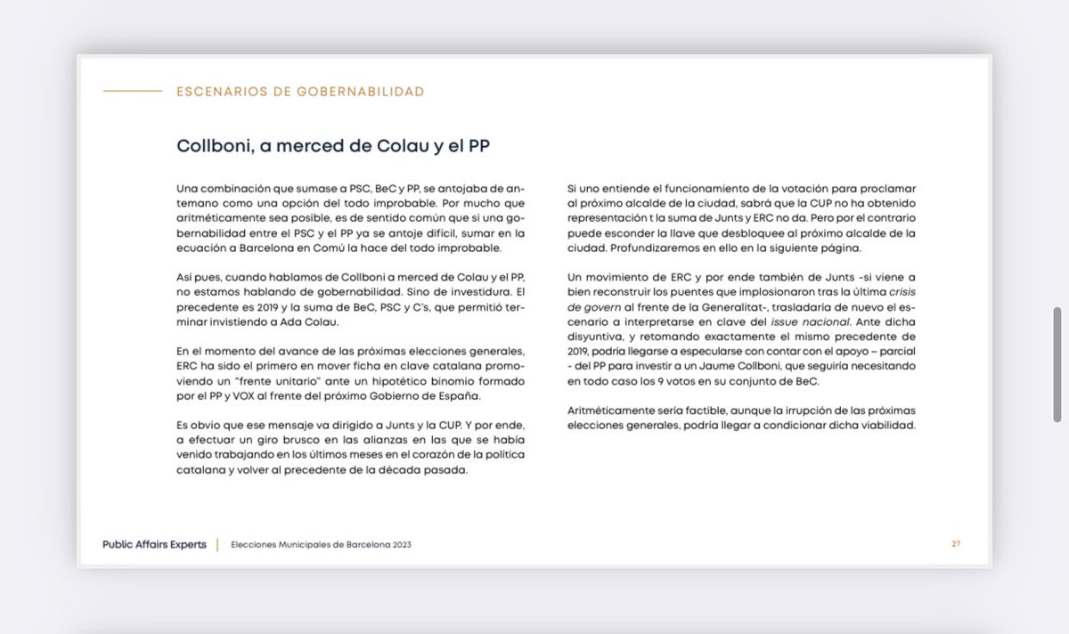 El pasado 01/06 publicábamos un nuevo #InformePAE con 4 escenarios potenciales de gobernabilidad al frente del <a href="/bcn_ajuntament/">Ajuntament de Barcelona</a> 

La investidura de <a href="/jaumecollboni/">Jaume Collboni</a> con los votos de <a href="/bcnencomu/">Barcelona en comú</a> y <a href="/PPBarcelona_/">PP Barcelona</a> ha terminado resolviendo la proclamación del nuevo #alcalde en #Barcelona